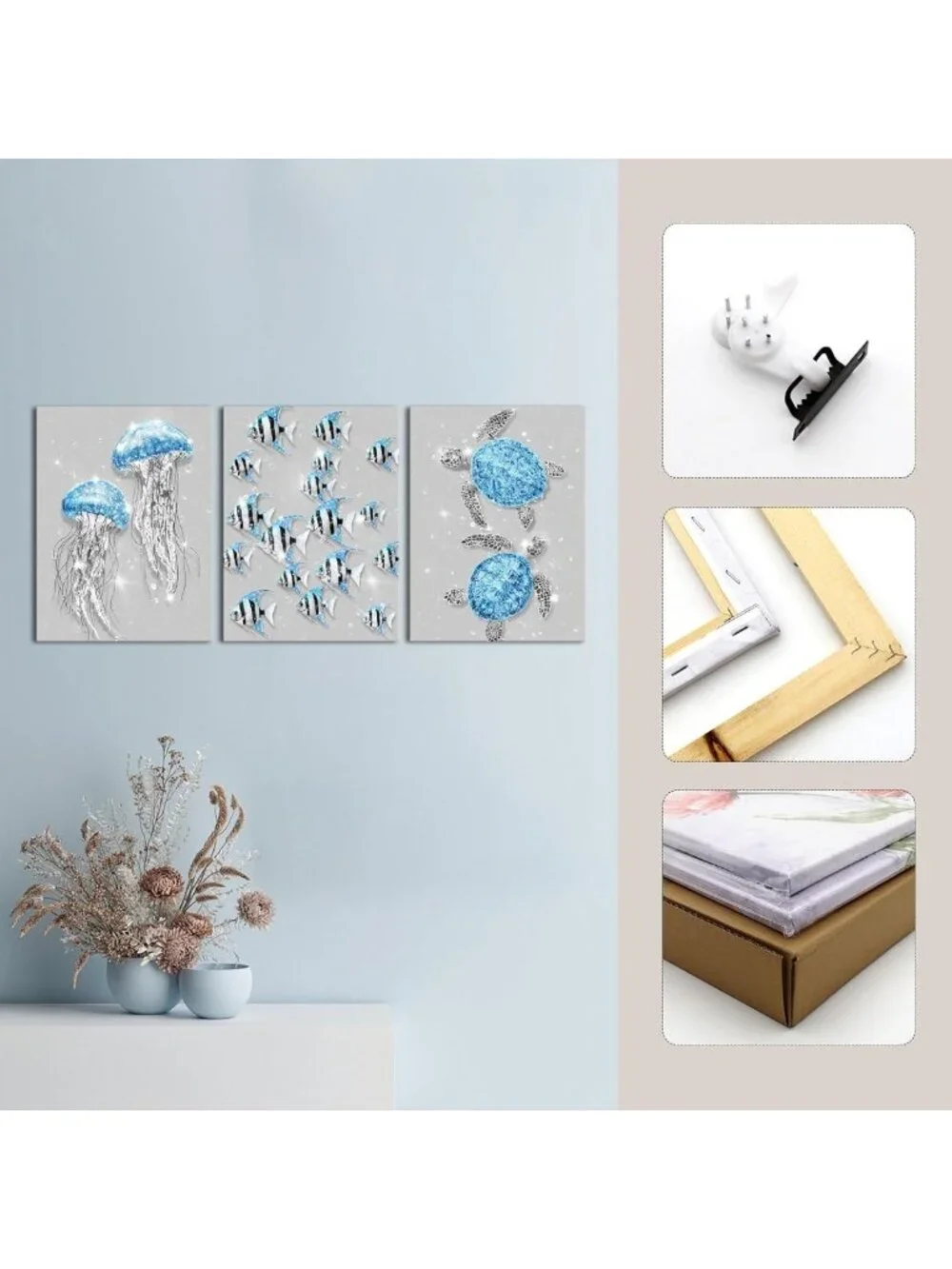 Glitter Coastal Bathroom Wall Art - Ocean Jellyfish & Sea Turtle Decor, Blue